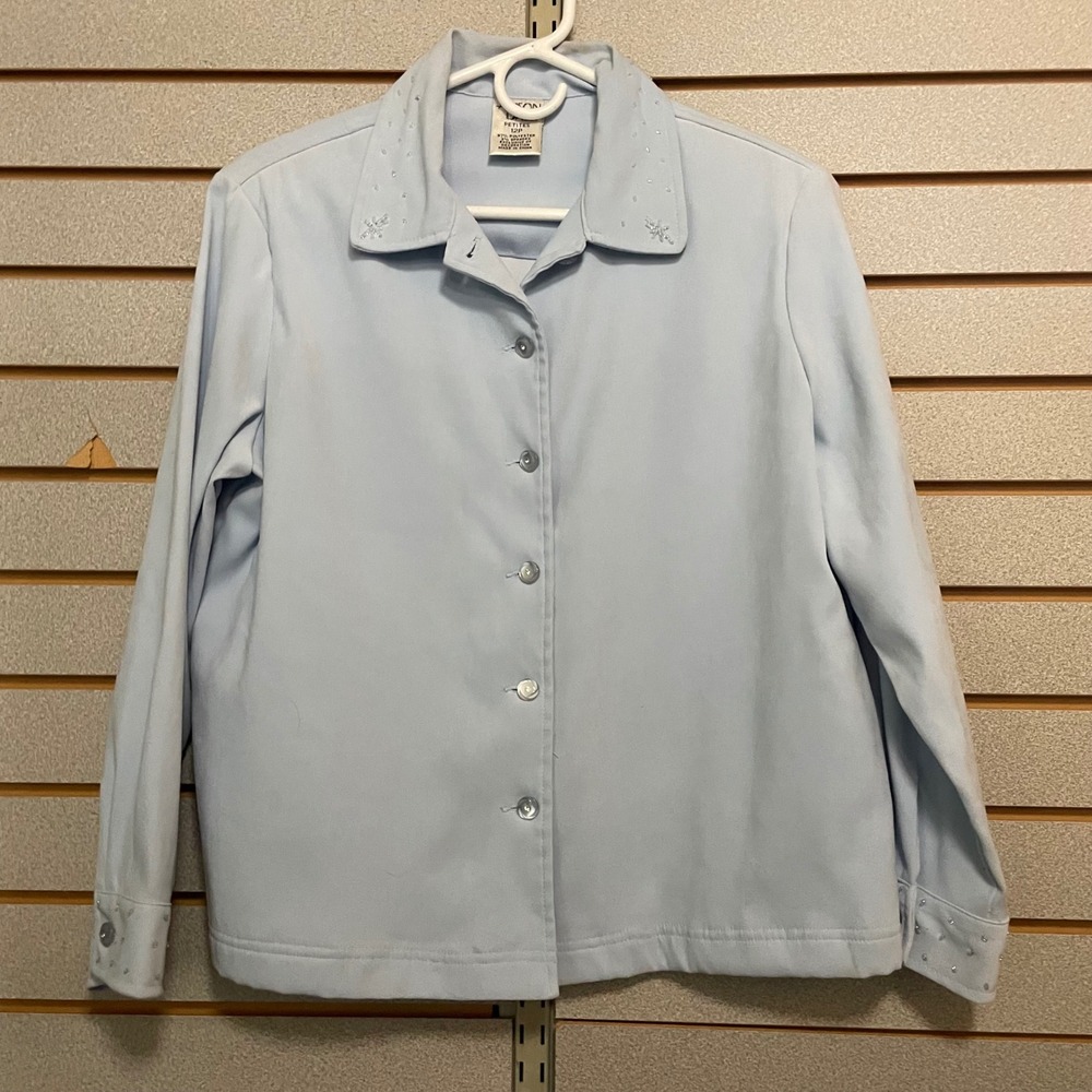Alison Daley‎ Petites Light Blue Beaded Collar Cuff Button Front Blouse Top 12P